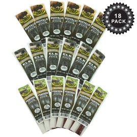 Original Delicious BEST Exotic Pack - 3 Types of Wild Game 1 Oz. Stick – Elk, Buffalo and Venison with Pork Sticks – No Antibiotics or Hormones (Sampler Pack, Sampler Pack 18 Sticks)