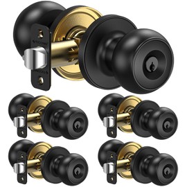 TICONN Round Door Knobs, Ball Door Knob with Dead Bolt, Door Handle Lock for Indoor Doors (5-Pack, Keyed Entry - Not Keyed Alike, Matte Black)