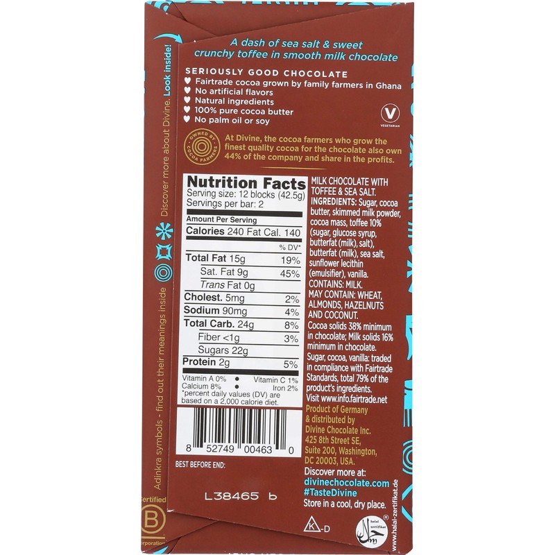 DIVINE CHOCOLATE Chocolate, 38% Milk Chocolate with Toffee & Sea
