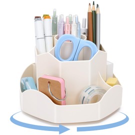 Zevemomo Pen Holder for Desk, 360 Degree Rotating Pencil Desk Organizer, Pen Organizer with 9 Slots, Large Capacity Pen Holder, Desktop Storage Stationery Supplies Organizer, Beige