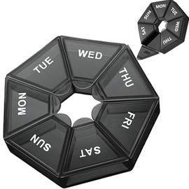 Organizador semanal de pastillas de viaje, dispensador portátil de 7 días para vitaminas, aceite de pescado y suplementos, diseño respetuoso con la artritis en 6 colores (negro)