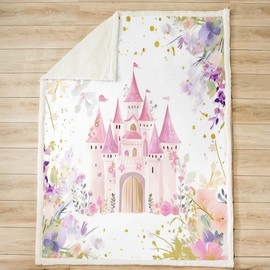 Manfei Pink Castle Kids Throw Blanket Watercolor Flower Bed Blanket for Girls Princess Adults, Fairy Tale Garden Floral Blanket for Couch Sofa, Soft and Breathable Fleece Blanket(50 x 60 Inches)