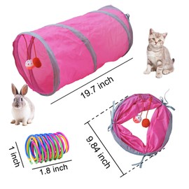 Andiker Cat Tunnel & 4 Cat Spring Toys, Collapsible Cat Toys for Indoor Cats Interactive Sound Paper Cat Cute Tube Toy with a Bell Toy & a Soft Ball, Colorful Spiral Springs for Cat, Rabbits (Pink)