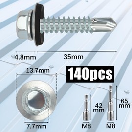 sturiz 140PCS 4.8x35 mm Self Drilling Screws for Metal Roofing Screws with Rubber Washers Hex Head Self Tapping Screw und 2 M8 Hex Socket Tech Zinc Corrugated Roof Fixings for Tin Roof