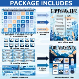 Justforjoyful Ocean Sea Calendar Bulletin Board Set for Classroom Decoration Sea Animals Calendar Seasons Weather Chart Ocean Theme Fish CTP Bulletin Board Paper-Cuts for Teachers Elementary School