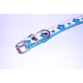 Pet Palace® "Flower Power Pup (BALTIC BLUE MEDIUM) Leather Luxury Dog Puppy Collar for Happy Hippy Hounds FREE LED FLASHING SAFETY BONE LIGHT to attach to collar