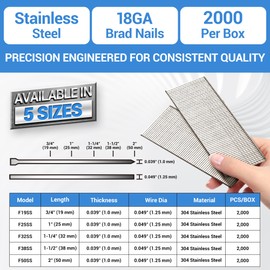 meite 18 Gauge Brad Nails, 1-1/2 Inch 18GA Brad Nails, 18G 304 Stainless Steel Small Finishing Nail Gun Nails for Pneumatic, Electric Brad Nailer Gun (10 Boxes)
