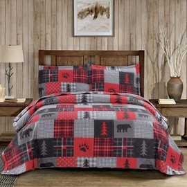 Junsey Rustic Bear Quilts Set Twin Size,Lightweight Plaid Bedspread Coverlet Rustic Lodge Bedding Forest Tree Bed Sheet with Pillswshams (Red Black Gray, Twin)