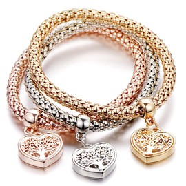 SILANER Crystal Charms Multilayer Bracelets - 3PCS Gold/Silver/Rose Gold Corn Chain Bracelet for Women, Tree of Life Heart Shaped Stretch Bracelet(TREE OF LIFE HEART EDITION CHARM)