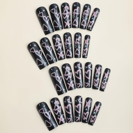 Vezocim Press on Nails Long Coffin 24Pcs Glossy Full Cover Acrylic Square Black False Nails with Pink Heart Star Designs Ballerina Extra Long Artificial Reusable Fake Nails with Charm for Women