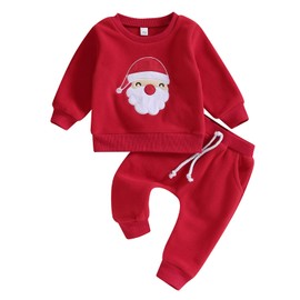 Engofs Toddler Baby Boy Christmas Outfit Santa Embroidery Sweatshirt Pants Set Fall Winter Clothes Red 6-12 Months