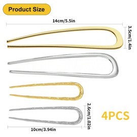 Tavvke 4 Pcs U-Shaped Large Metal Hair Pins, 14 CM and 10 CM French Hairclips, Vintage Gold & Silver Hairpins for Buns, Long & Thick Hair, for Women and Girls
