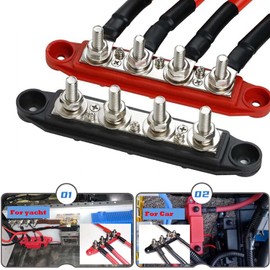 AULESSE 12V-48V DC Bus Bar Power Distribution Block 3/8" (M10) 4 Studs Heavy Duty Busbar Stud Terminal Junction Block with Cover and Ring Terminals 250 Amp for Cars RVs Ships Yachts (Red+Black)