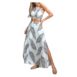 Verdusa Women's 2 Piece Outfits Beach Vacation Outfits Tropical Print Tie Back Cami Top and Split Maxi Skirt Set White Medium