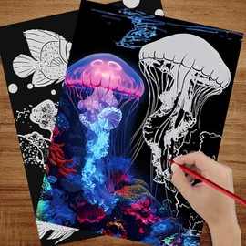 KSIWRE Scratch Art for Adults & Teens,4 Sheets Glow in The Dark Rainbow Scratch Paper,Beautiful Night View Scratch Painting(Seabed World)