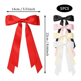 SYEYCW 5 Pcs Hair Bows for Girls Women, Ribbon Bows for Hair, Metal Ponytail Clips, Ribbon Ponytail Holder Accessories, for Daily Wear, Parties and Celebrations, Black, Red, Pink, Beige, White