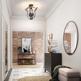 4-Light Farmhouse Iron Cage Rustic Mini Flush Mount Ceiling Light Fixture, Black Metal and Faux Wood Rustic Candle-Style Chandelier, E12 Base, 15'' Wide x 17'' High, for Dining Room, Foyer, Entryway