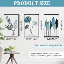 MeYuxg Pack of 3 Wall Decoration Metal Living Room 30 x 43 cm Metal Pictures Wall Decoration Leaf Wall Picture with Frame Modern Home Metal for Bedroom, Kitchen, Office