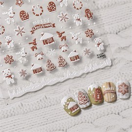 Christmas Nail Art Stickers 5D Realistic Relief White Nail Decals Snowflake Snowy House Cute Gingerbread Man Self Adhesive Nails Art Decoration Manicure Nail Charms 1Sheet