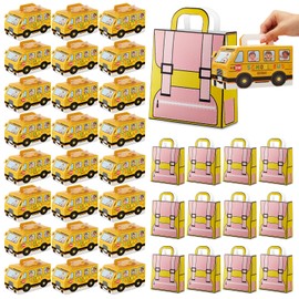 Weysat 36 Pcs Back to School Bus Goodie Box and Backpack Bags Set Kids Birthday Party Favor Bags, First Day of School Yellow Bus Decorations for Teachers Students Classroom Gift Supplies(Pink)