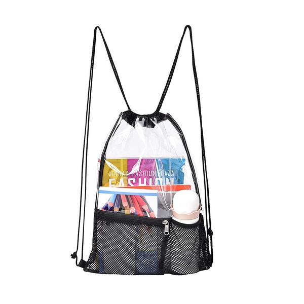 Heavy Duty Clear Drawstring Bag, Sport Equipment Storage Bag for Beach, Swimming (Black)