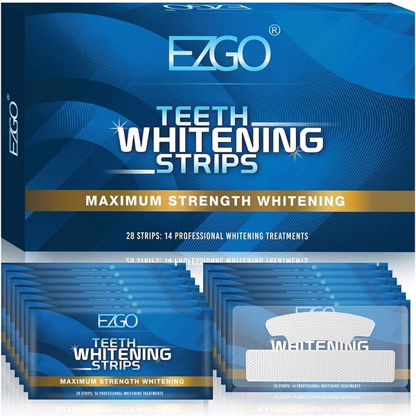 EZGO Teeth Whitening Strips, 28 Non-Sensitive White Strips Teeth Whitening Kit, 14 Sets Fast-Result Teeth Whitener for Tooth Whitening, Helps to Remove Smoking, Coffee, Wine Stains, Gentle and Safe