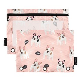 ALAZA Pencil Pouch for 3 Ring Binder, Cartoon French Bulldog Binder Pencil Pouches with Clear Window Zipper Pencil Case Cosmetic Bags for Office College Supplies, 2PCS