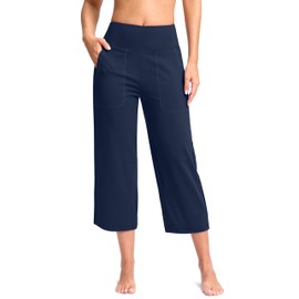 G Gradual Women's Capri Pants with Pockets High Waist Yoga Pants Wide Leg Workout Crop Summer Pants for Casual, Travel, Exercise(Navy, M)