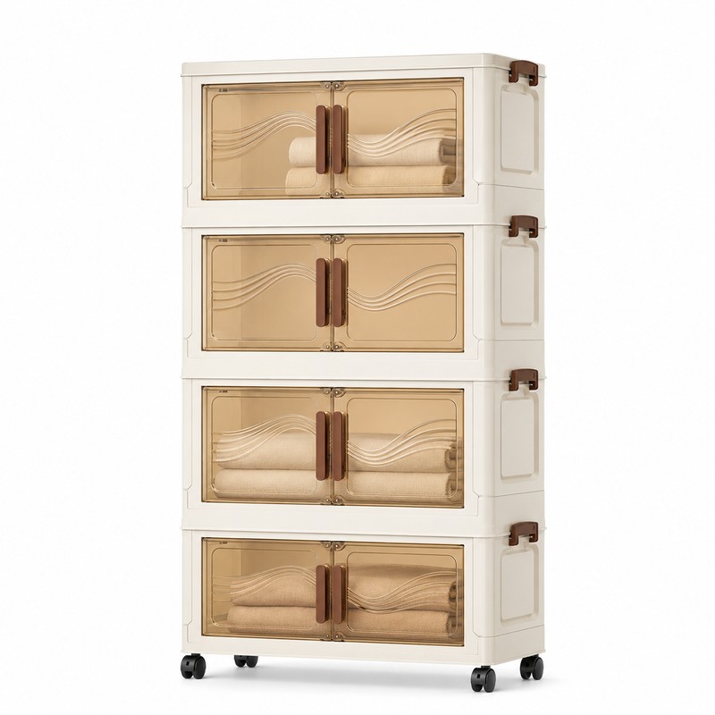 Beige Plastic Stackable Storage Box with Lid and Wheels for