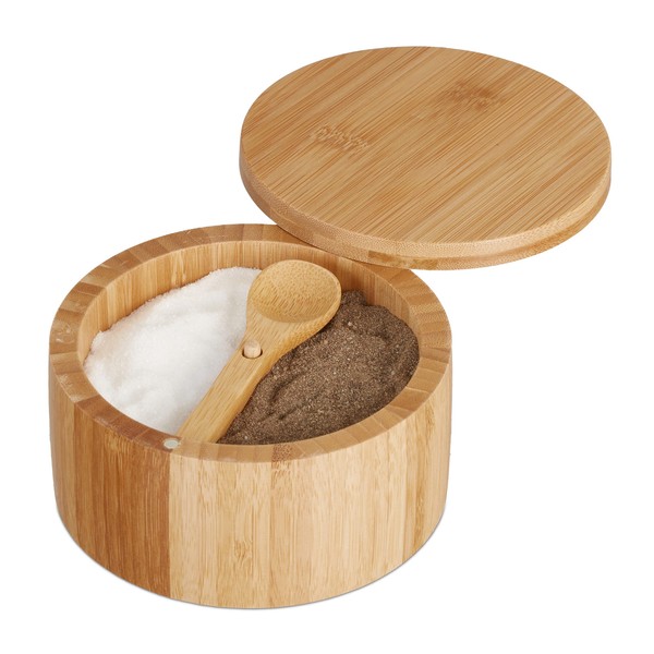 Relaxdays Salt Container with Lid & Spoon, 2 Compartments, Bamboo,