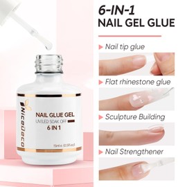 Nicedeco Nicedeco Hema Free Nail Glue Gel for Acrylic Nails 15ML, Cruelty Free, Vegan, Long-Lasting 6 in 1 Brush On Glue for False Nails Tips Led Lamp Required