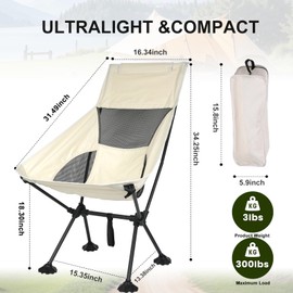 IEJ Ultralight High-Back Camping Chairs - Portable Folding Backpacking Chair with Frag Flippers, Supports up to 330 lbs, Compact and Durable for Outdoor Hiking, Camping, Fishing, Reading - White