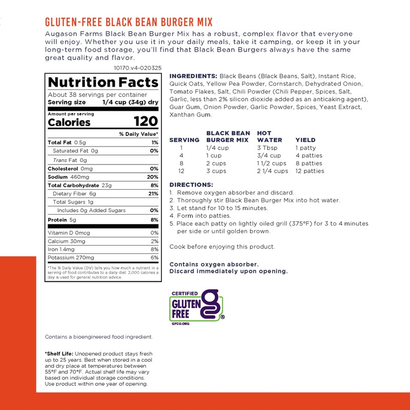 Augason Farms Black Bean Burger Mix Can, Certified Gluten Free,