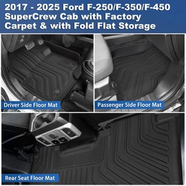 WEIZE Floor Mats Compatible with F250/F350, All Weather Floor Liners for 2017-2024 2025 Ford F-250/F-350 SuperCrew Cab Rear with Under Seat Fold Flat Storage,Set of 3