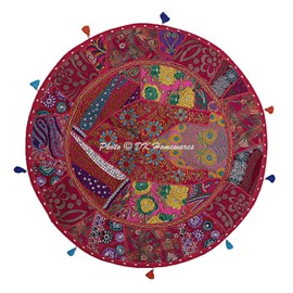 DK Homewares Traditional Cotton Floor Cushion Children's Floor Cushion Cover 80 x 80 Bohemia Pink Patchwork Embroidered Home Décor Round Vintage Round Seat Cushion - 32 x 32 Inches