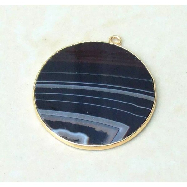 Jet Black Striped Agate Pendant, Gemstone Pendant, Thin, Slice Pendant,