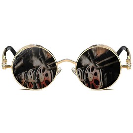Rocknight Gothic Steampunk Polarized Full Metal Round Frame Sunglasses UV Protection golden & grey