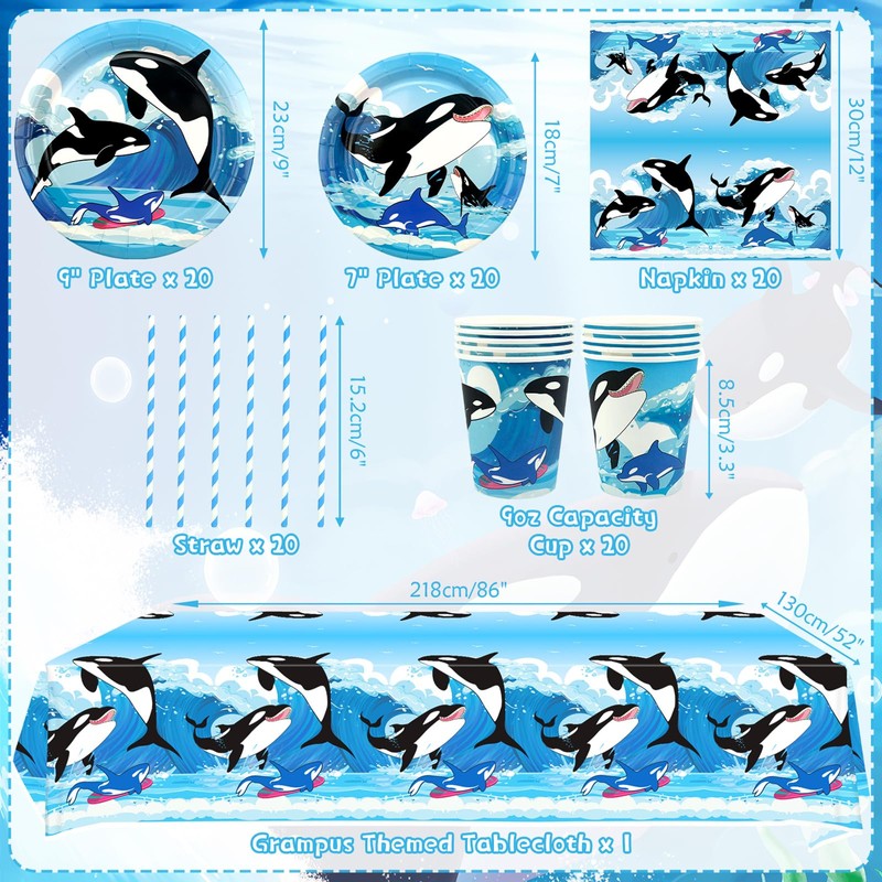Ocean Orca Party Decorations - Orca Happy Birthday Plates Tablecloth