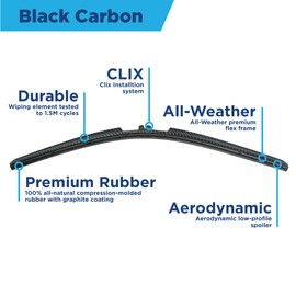 AutoTex Clix Wipers - 14" Black Carbon Fiber, Carbon Collection, Racing inspired carbon fiber design,14-Inch Single Wiper Blade, Fits 97% of all vehicles