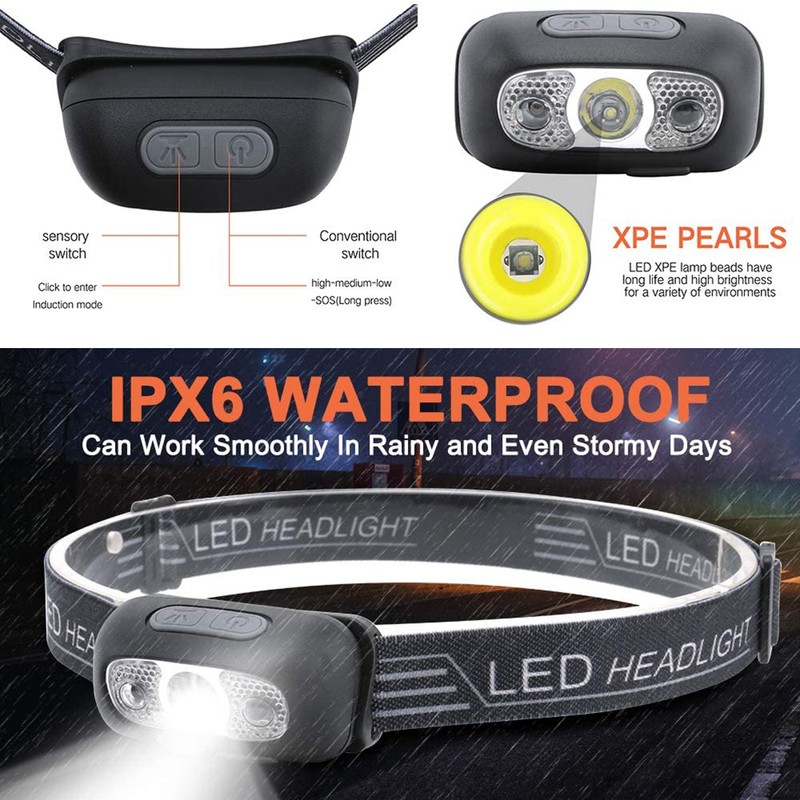 IPX6 Headlamp Waterproof Super Bright LED Sensor Flashlight USB Rechargeable