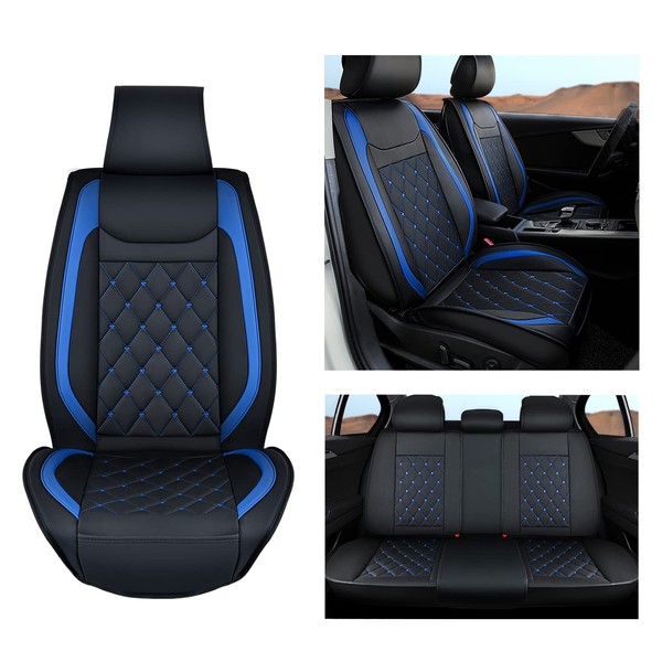 Nilight 5 Car Seat Covers Waterproof Faux Leather Cushions Anti-Slip Universal Fit for 5 Passenger Cars Kia Civic Corolla Hyundai Honda Camry CR-V RAV4 Fusion SUV Truck (Full Set, Black-Blue)