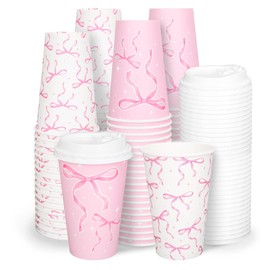 FYSUIMU 50 Pcs Bow Coffee Paper Cups Watercolor Pink White Preppy Bowknot 16 oz Disposable Cups with Lids for Hot Cold Drinks Birthday Baby Shower Bachelorette Party Supplies, 2 Designs