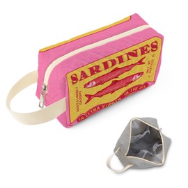 SuoSycorax Pink Sardine Can Printed Quilted Makeup Pouch for Women - Velvety Polyester Cosmetic Organizer w/Triple Compartments, Travel & Makeup Brush Holder