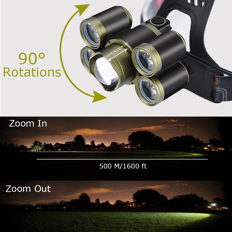 LED Headlamp Rechargeable Flashlight Brightest Waterproof 5 Lighting Modes Zoomable