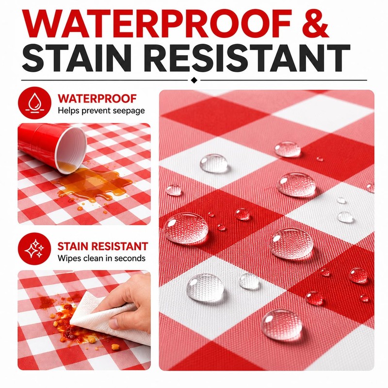 12 Pack Red and White Plastic Checkered Tablecloth, Premium Decorative
