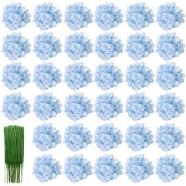 HinyoCo 34 Pcs Silk Hydrangea Flowers Artificial Flowers 7 Inch Hydrangea Head with Stem, Used for Home Wedding Party Decoration (Light Blue)