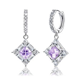 Purple Dangle Hoop Earrings for Women Sterling Silver Amethyst Cubic Zirconia Square Hoop Earrings with Cz Charm Sparkling Crystal Huggie Jewelry for Women Mother's Day Gifts for Mom Bridal Wedding