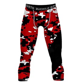 Bucwild Sports 3/4 Boys Youth Compression Pants Tights Leggings for Basketball Football Cycling Baselayer Red Camo Fits Waist 30-34"