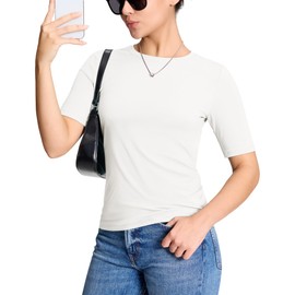 YUCOLEN Women's T Shirts Half Short Sleeve Cotton Summer Tops 2024 Soft Crew Neck Fashion Fitted Basic Tee White, M