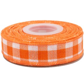 Joycrosso Wired-Edge Checkered Burlap Ribbon, 1 Inch x 10 Yard, Orange/White, Buffalo Plaid Ribbon for Gift Wrapping, Christmas Decorations, Wreaths, Big Bows, Rustic Farmhouse Holiday Decoration